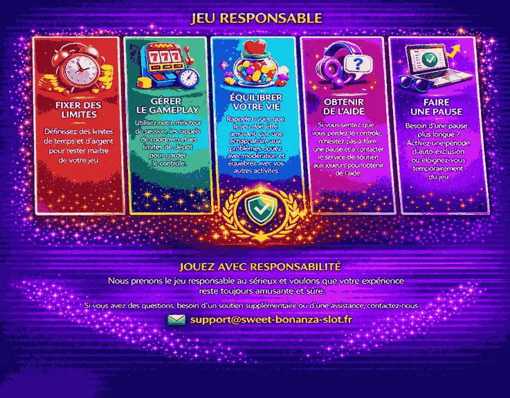 Bannière jeu responsable avec conseils pour fixer des limites gérer le gameplay équilibrer votre vie obtenir de l aide et faire une pause avec contact support@sweet-bonanza-slot.fr