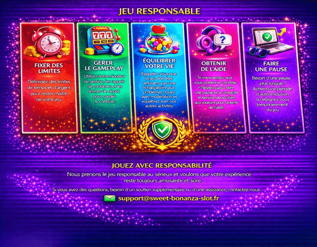 Bannière jeu responsable avec conseils pour fixer des limites gérer le gameplay équilibrer votre vie obtenir de l aide et faire une pause avec contact support@sweet-bonanza-slot.fr